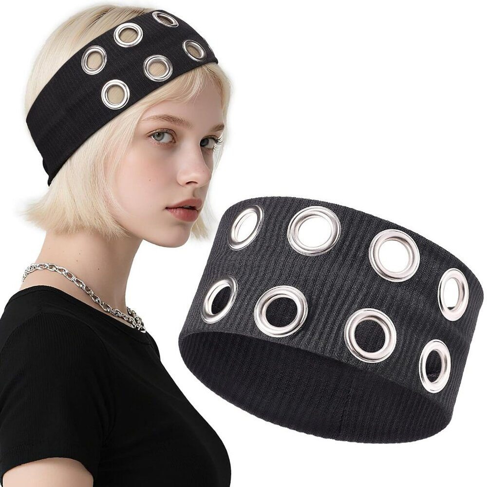 Punk Rock Headband Wide with 8 Grommet Black Unisex Biker New